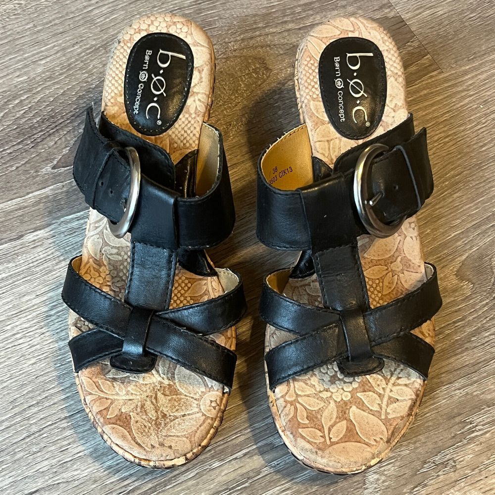 Born b.o.c.‎ Concept Wedge Buckle Sandals Cork Black Boho Womens 7 EU 38